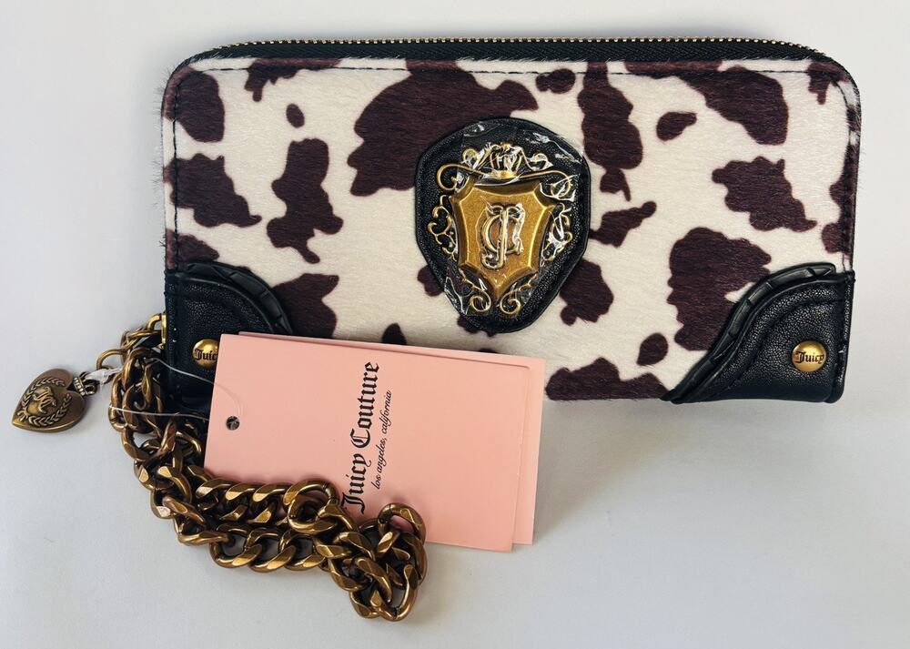 Juicy Couture Romance Zip around Wristlet Wallet Liquorice White Cow print NWT